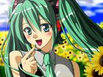  aida_ayako blush detached_sleeves flower green_eyes green_hair green_nails hatsune_miku headset long_hair nail_polish necktie solo sunflower twintails vocaloid 