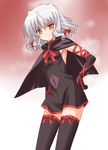  bad_id bad_pixiv_id bell_zephyr braid breasts cape dress elbow_gloves gloves hand_on_hip keisuke_(waopd0g) navel night_wizard ribbon short_hair sideboob silver_hair small_breasts solo thighhighs yellow_eyes zettai_ryouiki 