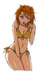  :d ahoge backlighting between_legs bikini cowboy_shot hair_grab hand_between_legs my-hime oekaki open_mouth orange_hair pose purple_eyes shiny shiny_skin short_hair side-tie_bikini smile solo swimsuit teeth tokiha_mai yakibuta yellow_bikini 