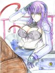  blush bra breasts gloves hagane_soushi huge_breasts lingerie long_hair lyrical_nanoha mahou_shoujo_lyrical_nanoha_strikers numbers_(nanoha) open_clothes open_shirt pantyhose purple_hair shirt sketch sweatdrop traditional_media underwear uno_(nanoha) yellow_eyes 