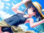  armpits arms_up bangs bird blue_eyes blue_hair blunt_bangs blush cloud day dutch_angle flat_chest game_cg hat hiiro_yuki light_rays long_hair ocean one-piece_swimsuit outdoors plaid plaid_sarong ponytail sarong school_swimsuit seagull sena_shiori sky smile solo standing straw_hat sunbeam sunlight swimsuit thigh_gap water yellow_sarong yuuguu_settai 