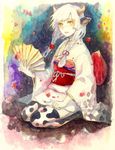  animal_print bad_id bad_pixiv_id chinese_zodiac cow cow_girl cow_print fan flower horns japanese_clothes kimono nayuko new_year original solo thighhighs traditional_media white_hair year_of_the_ox yellow_eyes 