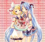  a-gatha bad_id bad_pixiv_id blue_hair cake food fruit hatsune_miku kagamine_rin long_hair multiple_girls one_eye_closed pastry strawberry twintails very_long_hair vocaloid 
