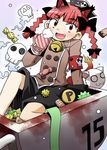  animal_ears armband bell braid candy cat_ears fang food gloves hat kaenbyou_rin kannazuki_hato mittens pirate_hat red_hair safety_pin simple_background skull solo touhou tricorne wheelbarrow 