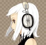  bangs bare_shoulders black_eyes blush brown_background cable checkered checkered_background eyelashes headphones lowres original osaki parted_lips portrait profile short_hair sleeveless solo turtleneck white_hair 