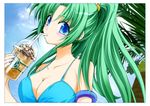  armlet bikini blue_eyes blue_nails blush breasts cleavage close-up cloud day drink drinking_straw green_hair higurashi_no_naku_koro_ni large_breasts long_hair lowres nail_polish non-web_source outdoors palm_tree ponytail product_placement sky solo sonozaki_mion starbucks suzuragi_karin swimsuit tree 