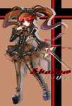  bad_id bad_pixiv_id chocolate dress eblmeka fei-yen garters hairband heart long_hair pantyhose personification red_eyes red_hair ribbon solo sword twintails valentine virtual_on weapon 