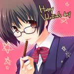 brown_eyes brown_hair english face food glasses halftone halftone_background happy_valentine lowres original parted_lips pocky short_hair solo star tanabe upper_body valentine 