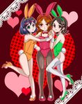  animal_ears bare_legs blue_hair brown_hair bunny_ears bunnysuit glasses green_eyes inazuma_eleven inazuma_eleven_(series) long_hair multiple_girls orange_eyes orange_hair pantyhose short_hair thighhighs yk 