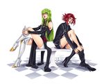  blue_eyes blush boots c.c. code_geass detached_sleeves flipped_hair green_hair headband high_heels kallen_stadtfeld long_hair multiple_girls noiry order_of_the_black_knights_uniform red_hair shoes short_hair single_shoe thigh_boots thighhighs undressing yellow_eyes 