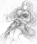  binayu breasts greyscale large_breasts long_hair monochrome sketch solo touhou watatsuki_no_toyohime 