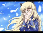  agahari animal_ears blonde_hair cat_ears covering_mouth glasses long_hair military military_uniform perrine_h_clostermann solo strike_witches uniform world_witches_series yellow_eyes 