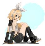  bare_shoulders blonde_hair detached_sleeves green_eyes hair_ornament hair_ribbon hairclip headphones kagamine_rin looking_back osaki ribbon sailor_collar short_hair shorts sitting solo vocaloid 