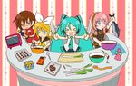  &gt;_&lt; :&lt; aoya aqua_hair blush chocolate chocolate_bar chocolate_heart chocolate_making closed_eyes cooking drooling dual_wielding fish gift hatsune_miku heart holding kagamine_rin knife megurine_luka meiko mixing_bowl multiple_girls ribbon saliva spoon spring_onion tuna valentine vocaloid whisk whisking 