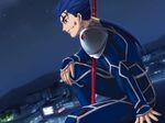  blood blood_on_face blue_hair fate/stay_night fate/unlimited_codes fate_(series) gae_bolg higurashi_ryuuji injury lancer male_focus polearm resizing_artifacts solo spear weapon 