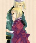  1girl akutsu_(yuumi) axis_powers_hetalia beret blonde_hair brother_and_sister dress gloves green_eyes hat liechtenstein_(hetalia) ribbon short_hair siblings striped switzerland_(hetalia) 