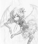  bat_wings binayu elbow_gloves fang gloves greyscale hat monochrome necktie remilia_scarlet short_hair sketch solo touhou vampire wings 