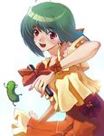  ahoge bad_id bad_pixiv_id blush dress green_hair hirokiku macross macross_frontier microphone orange_dress ranka_lee red_eyes ribbon short_hair skirt smile solo 