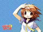  aoki_ume blush brown_eyes brown_hair hair_ornament hidamari_sketch school_uniform serafuku short_hair smile solo wallpaper wind x_hair_ornament yuno 