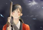  bakumatsu_rouman bakumatsu_rouman_dainimaku black_hair blood brown_eyes horror_(theme) japanese_clothes katana kimono long_hair onigunsou petals ponytail red_eyes smile snk solo sword takane_hibiki weapon 