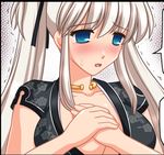  blue_eyes blush breasts cleavage hands_on_own_chest huge_breasts kafu long_hair lowres mabinogi nao_(mabinogi) nervous solo sweatdrop tears twintails white_hair 
