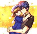  1girl blue_hair brown_eyes brown_hair carrying clannad closed_eyes dress father_and_daughter haruta hat hug okazaki_tomoya okazaki_ushio one_eye_closed sailor_dress short_hair 