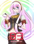  bespectacled blue_eyes detached_sleeves glasses headphones headset long_hair megurine_luka midriff natukusa navel pink_hair riding_crop solo thighhighs very_long_hair vocaloid 