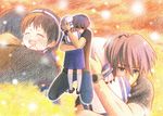  1girl blue_eyes blue_hair brown_hair clannad closed_eyes comforting dress father_and_daughter hand_on_head hat hug koto_fuzuki okazaki_tomoya okazaki_ushio sailor_dress short_hair tears 