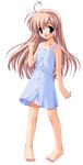  1girl barefoot blue_eyes cute dress game_cg hajimete_no_orusuban long_hair mizuki_shiori simple_background solo studio_ring 