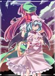  aqua_hair back-to-back bad_id bad_pixiv_id border closed_eyes cloud height_difference hong_meiling long_hair multiple_girls night night_sky red_hair remilia_scarlet short_hair skirt_hold sky subachi touhou twilight wings wrist_cuffs 