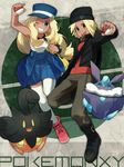  1girl bad_id bad_pixiv_id bag beanie blonde_hair blue_eyes boots brown_eyes calme_(pokemon) carbink copyright_name dark_skin gen_6_pokemon grin handbag hat holding holding_poke_ball long_hair noe_yuuhi one_eye_closed open_mouth poke_ball poke_ball_theme pokemon pokemon_(creature) pokemon_(game) pokemon_xy pumpkaboo serena_(pokemon) shirt shoulder_bag sleeveless sleeveless_shirt smile thighhighs white_legwear 