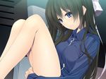  1girl black_hair blue_eyes blush breasts game_cg gym_uniform hair_ribbon highres ichikawa_noa large_breasts legs long_hair looking_down momoiro_renren ribbon sitting smile solo thighs 