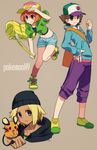  2girls adjusting_clothes adjusting_hat alternate_costume bad_id bad_pixiv_id bag bare_legs baseball_cap beanie blonde_hair brown_hair calme_(pokemon) copyright_name dark_skin dedenne gen_6_pokemon handbag hat hood jacket midriff multiple_girls navel noe_yuuhi orange_hair pokemon pokemon_(creature) pokemon_(game) pokemon_xy serena_(pokemon) short_hair short_shorts shorts shoulder_bag 