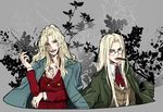  balalaika_(black_lagoon) black_lagoon blonde_hair blue_eyes breasts cigar cleavage coat crossover glasses hellsing integra_hellsing karaage_gohann long_hair medium_breasts mole mole_under_eye multiple_girls overcoat scar semi-rimless_eyewear smoking under-rim_eyewear 