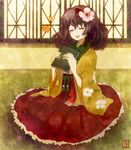  book closed_eyes flower hair_flower hair_ornament happy heart hieda_no_akyuu holding holding_book japanese_clothes katari kimono open_mouth purple_hair ribbon short_hair sitting solo touhou 