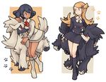  ace_trainer_(pokemon) ascot ayaka_(pokemon) black_hair black_legwear black_vs_white blonde_hair blue_eyes dark_skin eye_contact furfrou gen_6_pokemon hair_ornament hairclip ikra_(katacoly) kneehighs long_hair looking_at_another miniskirt multiple_girls pokemon pokemon_(creature) pokemon_(game) pokemon_xy purple_eyes sina_(pokemon) skirt smile white_legwear 