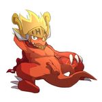  3_toes 496549736_(artist) anthro balls blonde_hair buddyfight cape claws cute dragon drum_(buddyfight) fangs hair half-erect hand_behind_head helmet horn looking_at_viewer lying male nipples nude on_back penis plain_background red_body red_dragon solo spread_legs spreading yellow_eyes 