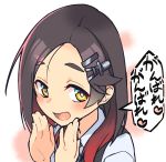  1girl :d black_hair black_vest blush commentary_request forehead gradient_hair hair_ornament hairclip hands_up heart highres kantai_collection kuroshio_(kantai_collection) looking_at_viewer multicolored_hair open_mouth portrait red_hair shirt short_hair simple_background smile solo speech_bubble taketora_suzume translated vest white_background white_shirt yellow_eyes 