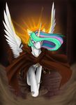  belt belt_buckle cloak clothing dust equine female friendship_is_magic glowing hair halo horn horse longinius mammal multi-colored_hair my_little_pony necklace pony princess_celestia_(mlp) purple_eyes standing sun torn_clothing winged_unicorn wings 