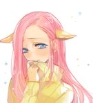  animal_ears blue_eyes extra_ears fluttershy forehead gyehu horse_ears horse_girl long_hair my_little_pony my_little_pony_friendship_is_magic no_nose personification pink_hair pullover shy solo turtleneck white_background 