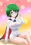  adjusting_eyewear alternate_breast_size bespectacled breasts cape covered_nipples glasses green_hair highres huge_breasts looking_at_viewer no_bra no_pants see-through short_hair shown sitting solo touhou wriggle_nightbug 