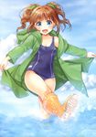 :d absurdres blue_eyes blush boots brown_hair cloud coat day frog hair_ornament highres idolmaster idolmaster_(classic) jacket jacket_over_swimsuit k.y_ko kicking one-piece_swimsuit open_mouth rubber_boots scan school_swimsuit sky smile solo splashing swimsuit takatsuki_yayoi twintails wading water 