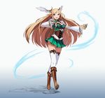  blush boots breasts brown_hair cleavage deneb_(noble324) elf head_wings highres large_breasts long_hair miniskirt original pointy_ears sketch skirt solo thighhighs white_legwear 