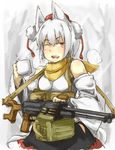  ;d animal_ears assault_rifle ayyh bad_id bad_pixiv_id belt belt_pouch black_skirt blush coffee_mug cowboy_shot cup detached_sleeves fang gun hat highres inubashiri_momiji looking_at_viewer machine_gun mug one_eye_closed open_mouth pk_machine_gun pkm pocket pouch red_eyes rifle scarf short_hair silver_hair sketch skirt smile solo tail tokin_hat touhou weapon wolf_ears wolf_tail 