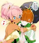  1girl :&gt; armband ascot_(rayearth) blue_eyes brown_hair caldina_(rayearth) dark_skin eighth_note gem hair_over_eyes hat hug iyutani jewelry long_hair magic_knight_rayearth musical_note pink_hair ponytail sash short_hair smile spoken_musical_note sweatdrop translated yellow_background 