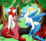  alternate_color anthro anthrofied breasts crossgender cum cum_in_pussy cum_inside erect_nipples exoticlunarwolf eyes_closed female forest hair lactating latias latios legendary_pok&#233;mon lesbian male nintendo nipples outside penetration penis pok&#233;mon pok&eacute;mon pussy red_eyes red_hair riolu sex straight tongue tongue_out tree vaginal vaginal_penetration video_games 