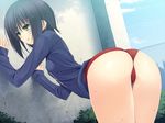  1girl against_wall ass black_hair bloomers blush breasts buruma cloud game_cg green_eyes gym_uniform hair_ornament hairclip ichikawa_noa legs looking_away momoiro_renren short_hair sky small_breasts sweat thighs underwear wedgie 