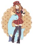  ai-wa amaura black_legwear blue_eyes brown_hair full_body gen_6_pokemon hat long_hair open_mouth pleated_skirt pokemon pokemon_(creature) pokemon_(game) pokemon_xy pokepuff puffy_sleeves serena_(pokemon) skirt smile thighhighs transparent_background zettai_ryouiki 