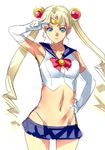  adapted_costume arm_up bad_id bad_pixiv_id bare_shoulders bishoujo_senshi_sailor_moon blonde_hair blue_eyes blue_sailor_collar blue_skirt bow choker crop_top dodai_shouji double_bun earrings elbow_gloves gloves hair_ornament hand_on_hip highleg highleg_panties jewelry long_hair looking_at_viewer magical_girl midriff miniskirt navel panties red_bow sailor_collar sailor_moon sailor_senshi_uniform salute skirt solo tiara tsukino_usagi twintails underwear v white_gloves 