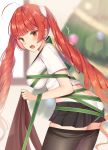  1girl absurdly_long_hair ahoge animal_costume ass azur_lane black_legwear black_skirt blurry blurry_background blush bow butt_crack candy candy_cane christmas christmas_tree eyebrows_visible_through_hair food full-face_blush green_bow green_ribbon highres honolulu_(azur_lane) izumo_neru kneeling long_hair looking_at_viewer mole mole_under_eye open_mouth panties pantyhose pantyhose_pull red_eyes red_hair reindeer_costume ribbon skirt snowflakes solo surprised twintails underwear very_long_hair white_panties 